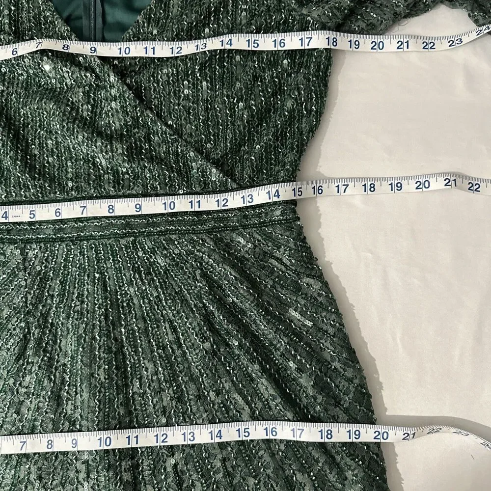 NWT $538 Mac Duggal [ 8 ] 93676 Beaded Lace‎ Long Sleeve Midi Dress Deep Green